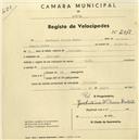 Registo de velocípede de marca União, com o nº 2013, em nome de Domingos Duarte Pedro, morador em Pernigem.