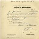 Registo de velocípede de marca Elgin, com o nº 406, em nome de José Gomes, morador em Linhó.