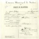 Registo de velocípede de marca Melfeira, com o nº 5555, em nome de José Cabeça, morador em Albarraque.