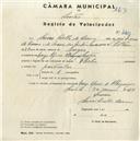 Registo de velocípede de marca Flecha, com o nº 4453, em nome de Severo Coelho Carmo, morador em Largo Afonso Albuquerque, Sintra.