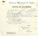 Registo de velocípede de marca F.B.M., com o nº 9157, em nome de Vítor José Névoa morador em Rua José Antunes dos Santos, Sintra.