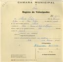 Registo de velocípede de marca Elite, com o nº 600, em nome de Alexandre Ribeiro, morador na Travessa André de Albuquerque, Sintra.