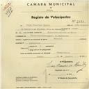 Registo de velocípede de marca Oriental, com o nº 2891, em nome de Jaime Francisco Ramilo, morador em Pero Pinheiro.