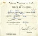 Registo de velocípede de marca Panther, com o nº 9385, em nome de Mário Custódio, morador em Cortegaça.