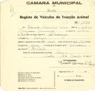 Registo de um veiculo de duas rodas tirado por dois ou três animais de espécie muar destinado a transporte de mercadorias em nome de Eduardo Casimiro Paiva, morador no Sabugo.