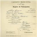 Registo de velocípede de marca Nacional, com o nº 2669, em nome de Sabino Marques, morador em Cacém.