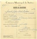 Registo de velocípede de marca Champion, com o nº 6718, em nome de Jacinto Lopes Baeta & Filhos, morador em Sintra.