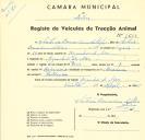 Registo de um veiculo de duas rodas tirado por dois animais de espécie asinina destinado a transporte de mercadorias em nome de António Bernardino da Silva Júnior, morador em Azenhas do Mar.