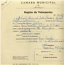 Registo de velocípede de marca Champion, com o nº 2186, em nome de Gabriela Almerinda Guedes Salgueiro, moradora em Mem Martins.