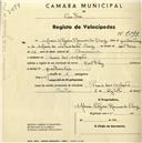 Registo de velocípede de marca Saltley, com o nº 2098, em nome de Maria Alzira Ramos da Cruz, moradora em Praia das Maçãs.