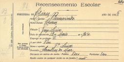 Recenseamento escolar de Benvindo Luiz, filho de José Luiz, morador nas Azenhas do Mar.