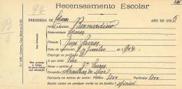 Recenseamento escolar de Bernardino Soares, filho de José Soares, morador nas Azenhas do Mar.