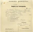 Registo de velocípede de marca Nubia, com o nº 592, em nome de Sebastião Rosalino, morador em Lameiras.