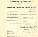 Registo de um veiculo de duas rodas tirado por dois animais de espécie bovina destinado a transporte de mercadorias em nome de Francisco Baleia, morador em Almorquim.