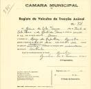 Registo de um veiculo de duas rodas tirado por dois animais de espécie cavalar destinado a transporte de mercadorias em nome de Jaime do Cabo Passos, morador no Largo da Republica em Agualva.