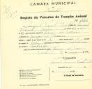 Registo de um veiculo de duas rodas tirado por um animal de espécie asinina destinado a transporte de mercadorias em nome de Manuel Vicente Leitão, morador na Granja dos Serrões.