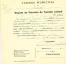 Registo de um veiculo de duas rodas tirado por um animal de espécie asinina destinado a transporte de mercadorias em nome de Manuel Vicente Leitão, morador na Granja dos Serrões.