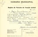 Registo de um veiculo de duas rodas tirado por dois animais de espécie bovina destinado a transporte de mercadorias em nome de Joaquim Manuel Miranda, morador no Casal dos Gosmos.