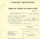 Registo de um veiculo de duas rodas tirado por dois animais de espécie asinina destinado a transporte de mercadorias em nome de Manuel Jesuíno Simões, morador na Assafora.