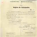Registo de velocípede de marca Lucis, com o nº 75, em nome de Sebastião Luís Gaiolas, morador em Albarraque.