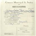 Registo de velocípede com o nº 5484, em nome de José Manuel Madeira Faria, morador em Algueirão.