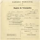 Registo de velocípede de marca Oriental, com o nº 1299, em nome de João Carreira, morador em Mem Martins.