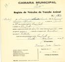 Registo de um veiculo de duas rodas tirado por um animal de espécie asinina destinado a transporte de mercadorias em nome de Domingos Simões Parcelas, morador em Pero Leite.