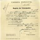 Registo de velocípede de marca Gazela, com o nº 1879, em nome de José Albino Lopes, morador em Rua João de Deus nº 19, Sintra.
