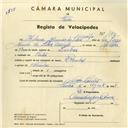 Registo de velocípede de marca Raio e Pombal, com o nº 3791, em nome de Helena Meunier da Silva Araújo, moradora em Sintra.