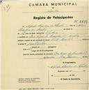 Registo de velocípede com o nº 2279, em nome de Alfredo Barbosa dos Santos, morador em Rua Veiga da Cunha nº 17, Sintra.
