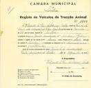 Registo de um veiculo de duas rodas tirado por dois animais de espécie bovina destinado a transporte de mercadorias em nome de Filipa de Sá Pais do Amaral Coelho, moradora na Rua Júlio Andrade, Tala.