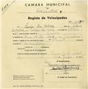 Registo de velocípede de marca Flecha, com o nº 1890, em nome de Luís da Silva, morador em Rua 9 de Abril nº 16, Queluz.