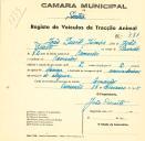 Registo de um veiculo de duas rodas tirado por dois animais de espécie bovina destinado a transporte de mercadorias em nome de João Duarte Júnior, morador em Camarões.