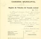 Registo de um veiculo de duas rodas tirado por dois animais de espécie bovina destinado a transporte de mercadorias em nome de Manuel Domingos Duarte, morador em São João das Lampas.