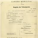 Registo de velocípede de marca Sun, com o nº 2089, em nome de Jean Louis Vítor Demoustier, morador em Sintra.