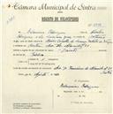 Registo de velocípede com o nº 4798, em nome de Belarmino Rodrigues, morador em Sintra.