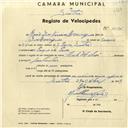 Registo de velocípede de marca Helios, com o nº 4196, em nome de João Ivo Ferreira Rodrigues, morador em Parque da Pena.