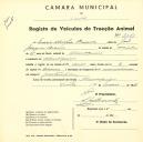 Registo de um veiculo de duas rodas tirado por dois animais de espécie bovina destinado a transporte de mercadorias em nome de Maria Olímpia Branca, moradora em Almorquim. 