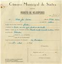 Registo de velocípede de marca Famel, com o nº 7867, em nome de Vítor José Névoa, morador em Rua Antunes dos Santos, Sintra.