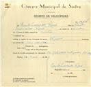Registo de velocípede de marca Alpino, com o nº 10114, em nome de Paulo Lavrador Raio, morador em Sintra.