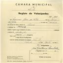 Registo de velocípede com o nº 3831, em nome de Francisco Rosa da Silva, morador em Rodízio.