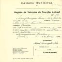 Registo de um veiculo de duas rodas tirado por um animal de espécie cavalar destinado a transporte de mercadorias em nome de Manuel Domingos Lima, morador na Rinchoa.