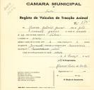 Registo de um veiculo de duas rodas tirado por dois animais de espécie asinina destinado a transporte de mercadorias em nome de Ricardo Galrão Gomes, morador na Azoia.