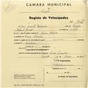 Registo de velocípede com o nº 1748, em nome de José Jacinto Zabumba, morador em Carne Assada.