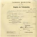 Registo de velocípede de marca Tagus, com o nº 2849, em nome de António Pedroso Antunes, morador em Negrais.
