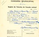 Registo de um veiculo de duas rodas tirado por um animal de espécie asinina destinado a transporte de mercadorias em nome de Luísa Teixeira de Sampaio d`Orey , moradora na Rua Vicente Borga, nº 154.