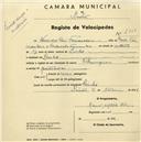 Registo de velocípede de marca Champion, com o nº 2333, em nome de Vasco dos Reis Fernandes, morador em Linhó.