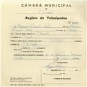 Registo de velocípede de marca Raio, com o nº 4021, em nome de Manuel Duarte Raio, morador em Sintra.
