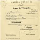 Registo de velocípede com o nº 1916, em nome de Domingos Gomes, morador em Pero Pinheiro.