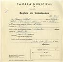 Registo de velocípede de marca Colúmbia, com o nº 3395, em nome de Horácio Sobral, morador em Queluz.
